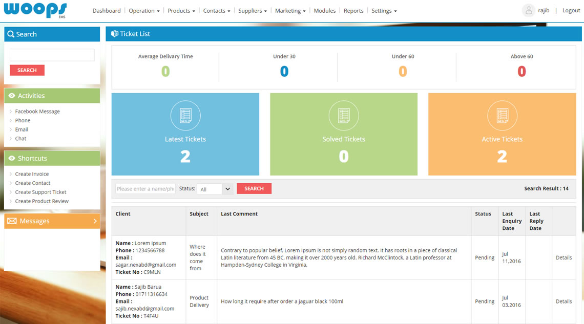 Contact or customer List-Ecommerce Management System -WoopsEMS